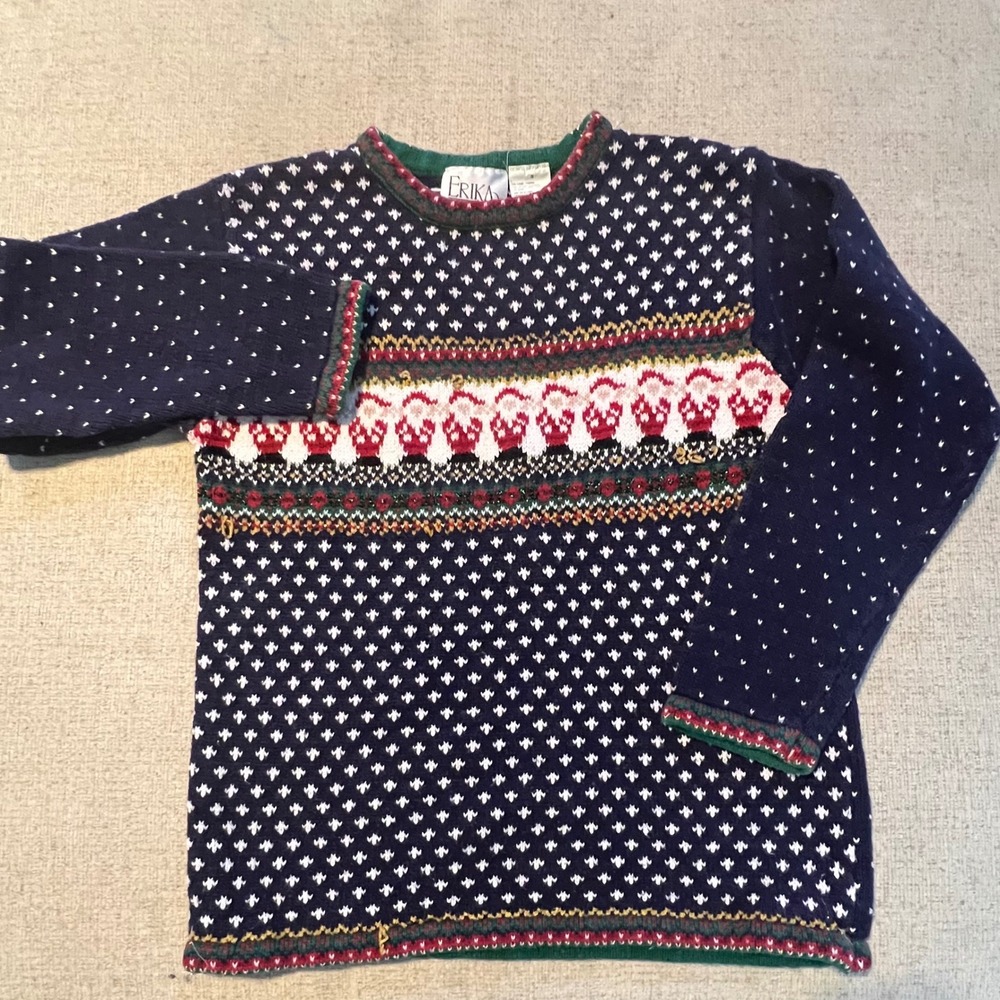 Vintage Erika Santa Claus Christmas Sweater Navy Blue Fair Isle Ramie Cotton S